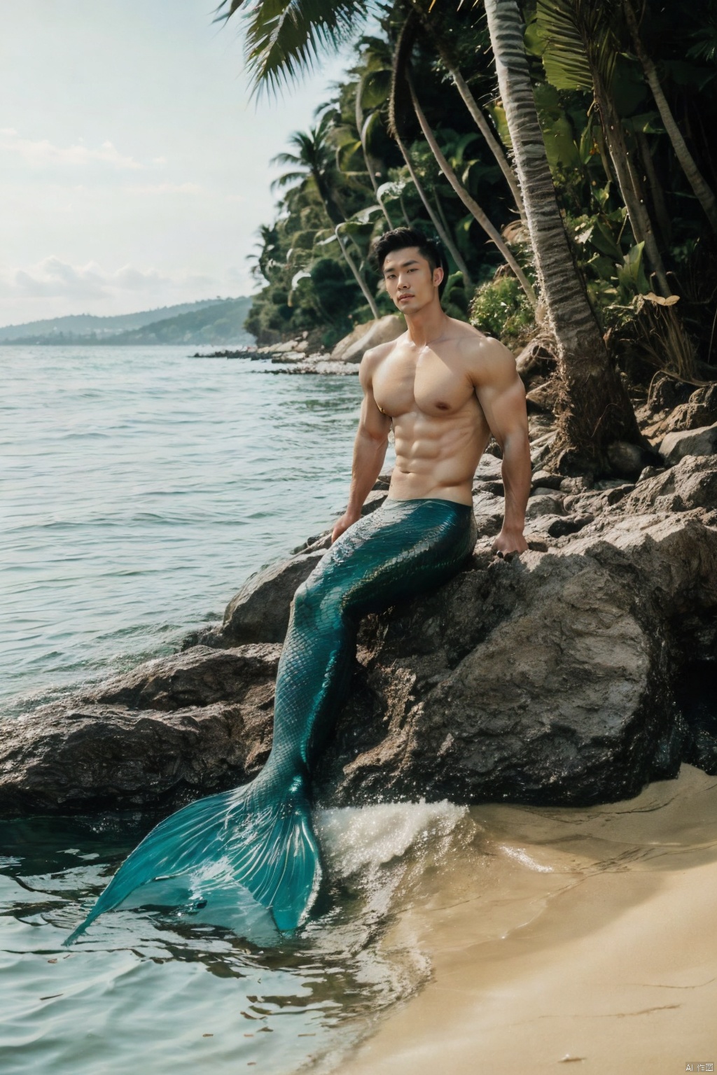  A mermaid with fresh short hair, raised crotch, handsome man, masterpiece, big muscles, seaside, coconut tree, sitting on the beach, a dragon