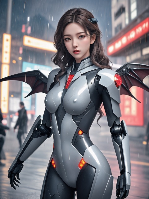 {{master piece}},best quality,illustration,1girl,small breast,beatiful detailed eyes,beatiful detailed cyberpunk city,flat_chest,beatiful detailed hair,wavy hair,beatiful detailed steet,mecha clothes,robot girl,cool movement,sliver bodysuit,{filigree},dargon wings,colorful background,a dragon  stands behind the girl,rainy days,{lightning effect},beatiful detailed sliver dragon arnour,（cold face）