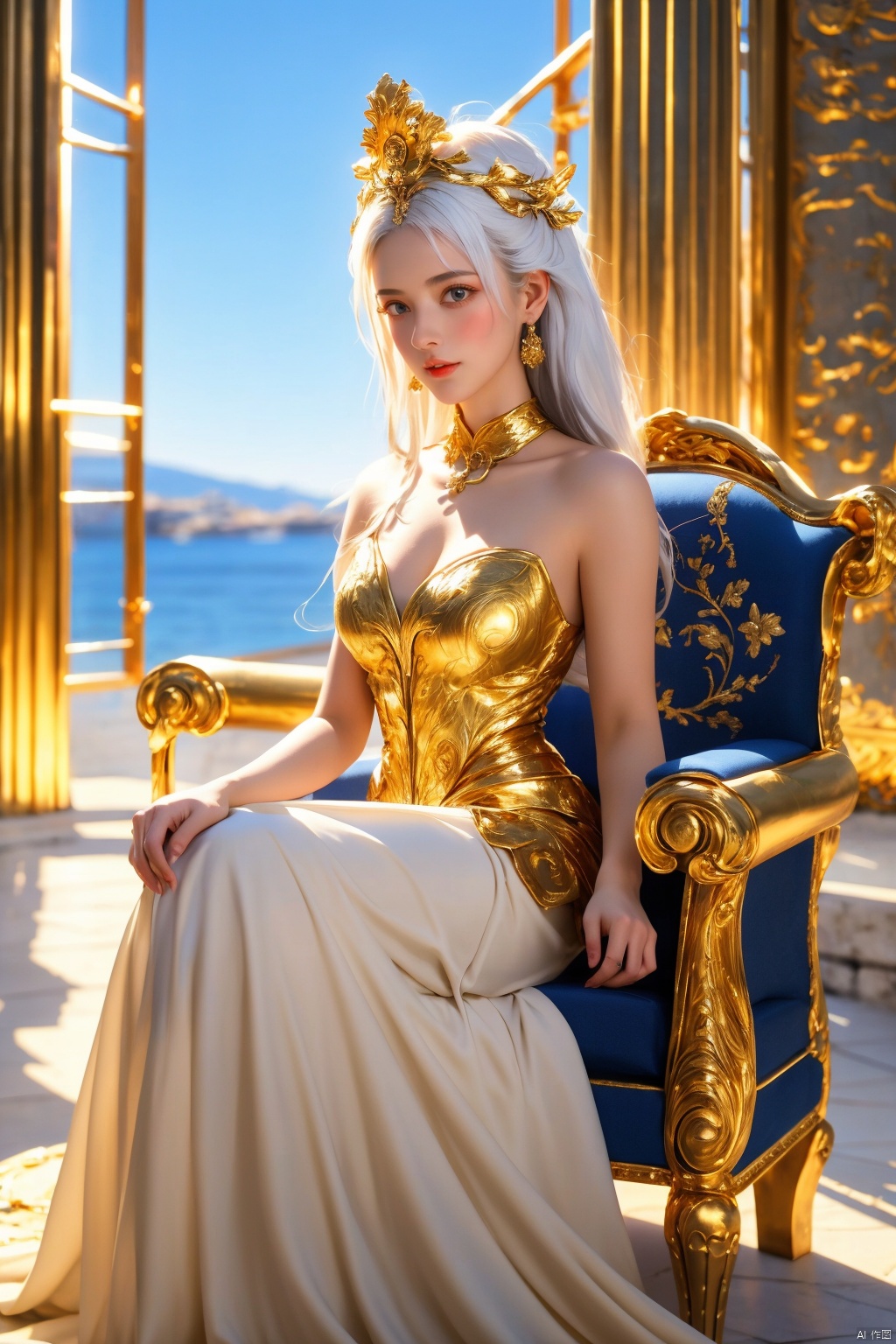masterpiece, 1 girl, Look at me, Hera, White hair, Greek dress, Palace, Sitting on the throne, resplendent, Lots of roses, gilded, MYTHOS, Gold powder, Golden glow, textured skin, super detail, best quality, 16k, Blue sky outside the window, Ancient Greece