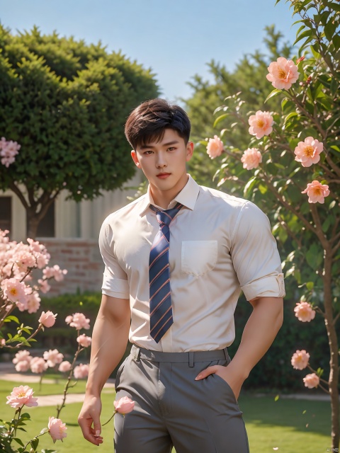  masterpiece,1 boy,Young,Handsome,Look at me,Short hair,Tea hair,Students,White shirt,Striped tie,Gray shorts,Stand,Outdoor,Garden,Peach tree,Flying petals,Light and shadow,HDR,textured skin,super detail,best quality, asuo, Asuo, fu, Pink Mecha, sufei
