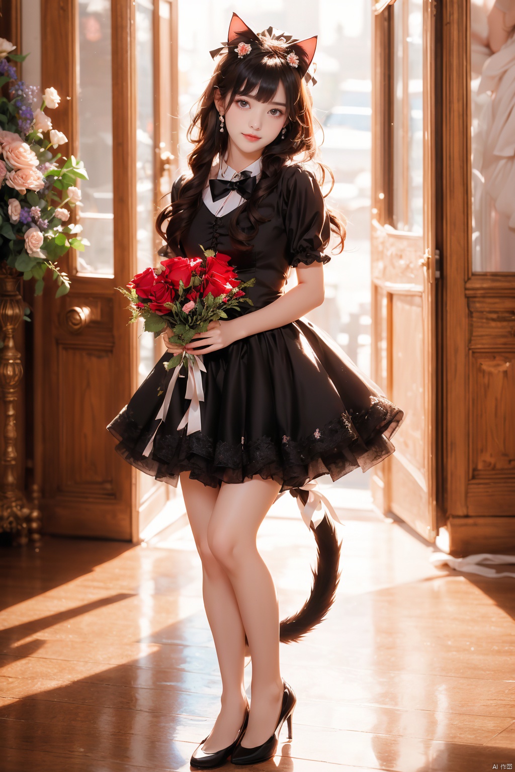  1girl,solo,long_hair,looking_at_viewer,smile,bangs,black_hair,dress,bow,ribbon,holding,animal_ears,brown_eyes,closed_mouth,standing,tail,flower,short_sleeves,hair_bow,frills,indoors,cat_ears,black_dress,cat_tail,animal_ear_fluff,head_tilt,grey_eyes,black_bow,rose,cat_girl,red_flower,red_rose,bouquet,holding_flower,tail_raised,holding_bouquet,black_flower,black_rose,
