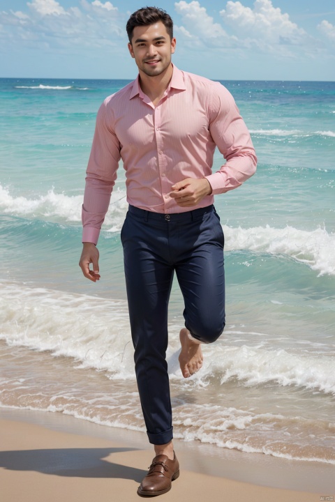  realistic, masterpiece, best quality, highres, ultra-detailed, hdr, 8k uhd, dslr, raw photo, high detailed skin,
1man,facial hair,full body,looking at viewer,smile,pink striped shirt,collared shirt,long sleeves,khaki brown pants,shirt tucked in, leather shoes,running, sea, ocean, waves, Sunlight