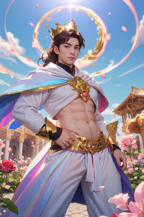 masterpiece,1 Man,(Asian male:0.6),Stubble,Professional photo of a 26-year-old man,Wear a crown,Pope.,Extravagant magical white robes,White ribbon,(iridescent gold:1.2),(magic swirls:1.2),Body hair,Abdominal hair,fractal pattern,Kaleidoscope,Huge flowers,(Combat posture:1.3),Gorgeous textures,Light blue sky,A lot of particle special effects.,Garden,Pink fluorescent roses,textured skin,super detail,best quality, asuo