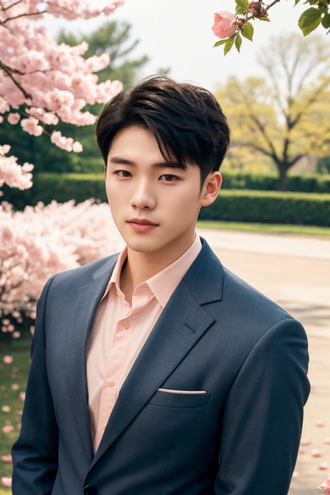 masterpiece,1 boy,18 years old,Look at me,Business suit,Lovely,Short hair,Korean men's hair,Aisle,Spring,Peach tree,Falling petals,textured skin,super detail,best quality,Cinematic Lighting,Tyndall effect,