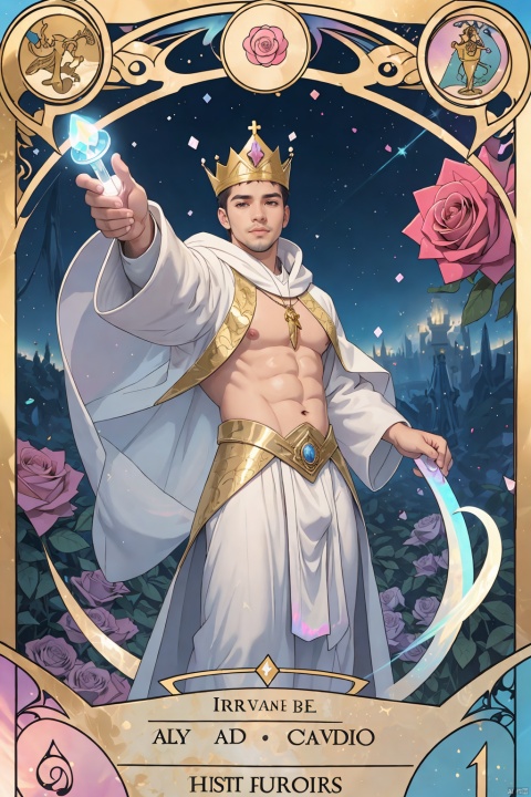  masterpiece, 1 Man, (Asian male:0.6), Stubble, Professional photo of a 26-year-old man, Wear a crown, Pope., Extravagant magical white robes, White ribbon, (iridescent gold:1.2), (magic swirls:1.2), Body hair, Abdominal hair, fractal pattern, Kaleidoscope, Huge flowers, Combat posture, (Tarot card:1.3), Gorgeous textures, Light blue sky, A lot of particle special effects., Garden, Pink fluorescent roses, textured skin, super detail, best quality