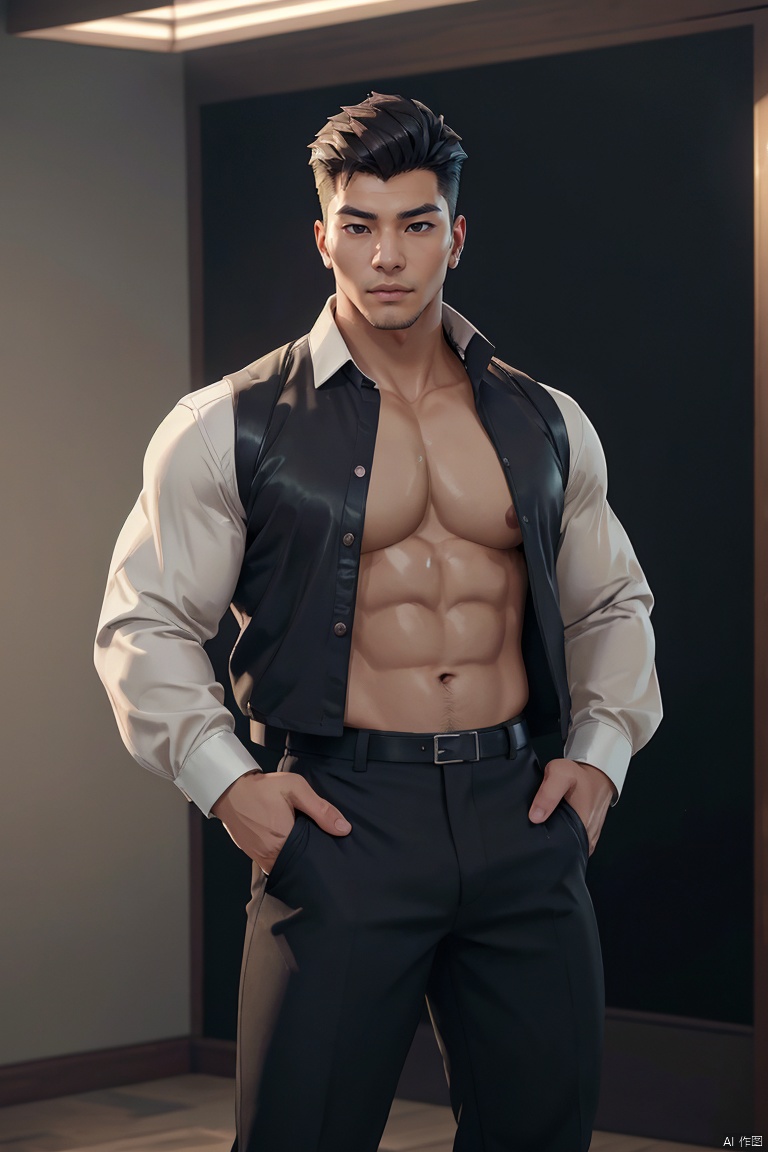  jzns,1man,male focus,asian,exquisite facial features,handsome,eye-catching,confident,open shirt,fashion forward,graceful yet melancholic posture,Volumetric lighting,full shot,Ultra High Resolution,profession,High-end fashion photoshoot,(masterpiece, realistic, best quality, highly detailed), Fortnite
