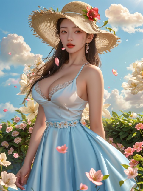  masterpiece, 1 girl, 18 years old, Look at me, long_hair, straw_hat, Wreath, petals, Big breasts, Light blue sky, Clouds, hat_flower, jewelry, Stand, outdoors, Garden, falling_petals, White dress, textured skin, super detail, best quality, Trainee Nurse, A Devout Believer