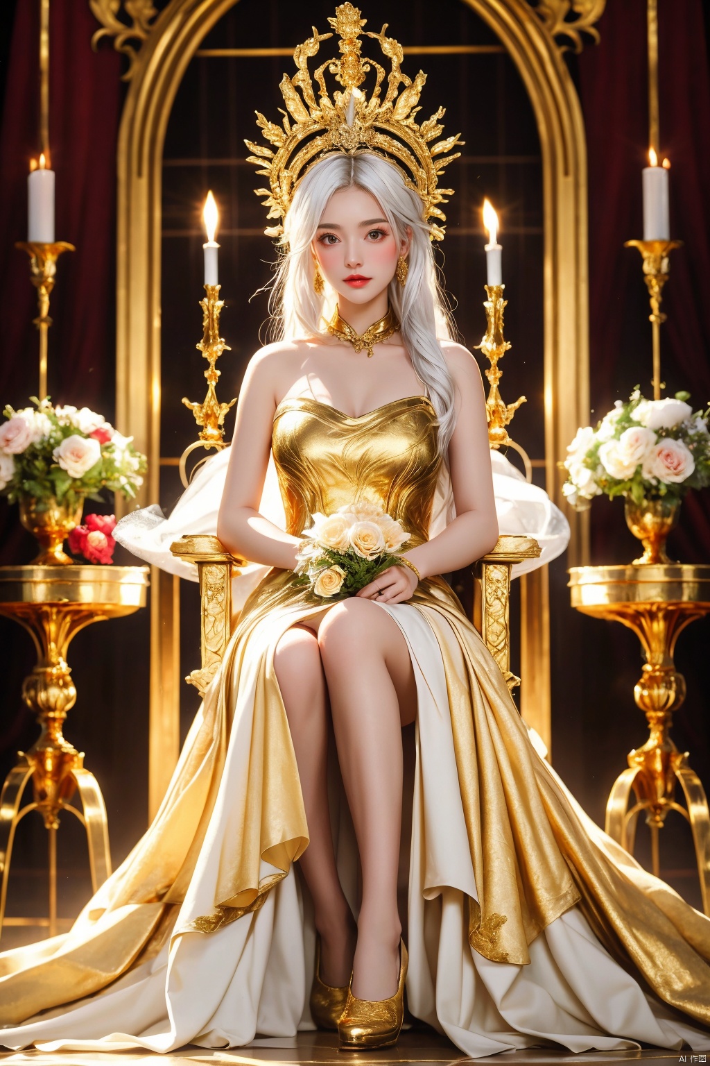 masterpiece, 1 girl, Look at me, Aphrodite, White hair, Greek dress, Palace, Sitting on the throne, resplendent, Lots of roses, gilded, MYTHOS, Gold powder, Golden glow, textured skin, super detail, best quality, 16k