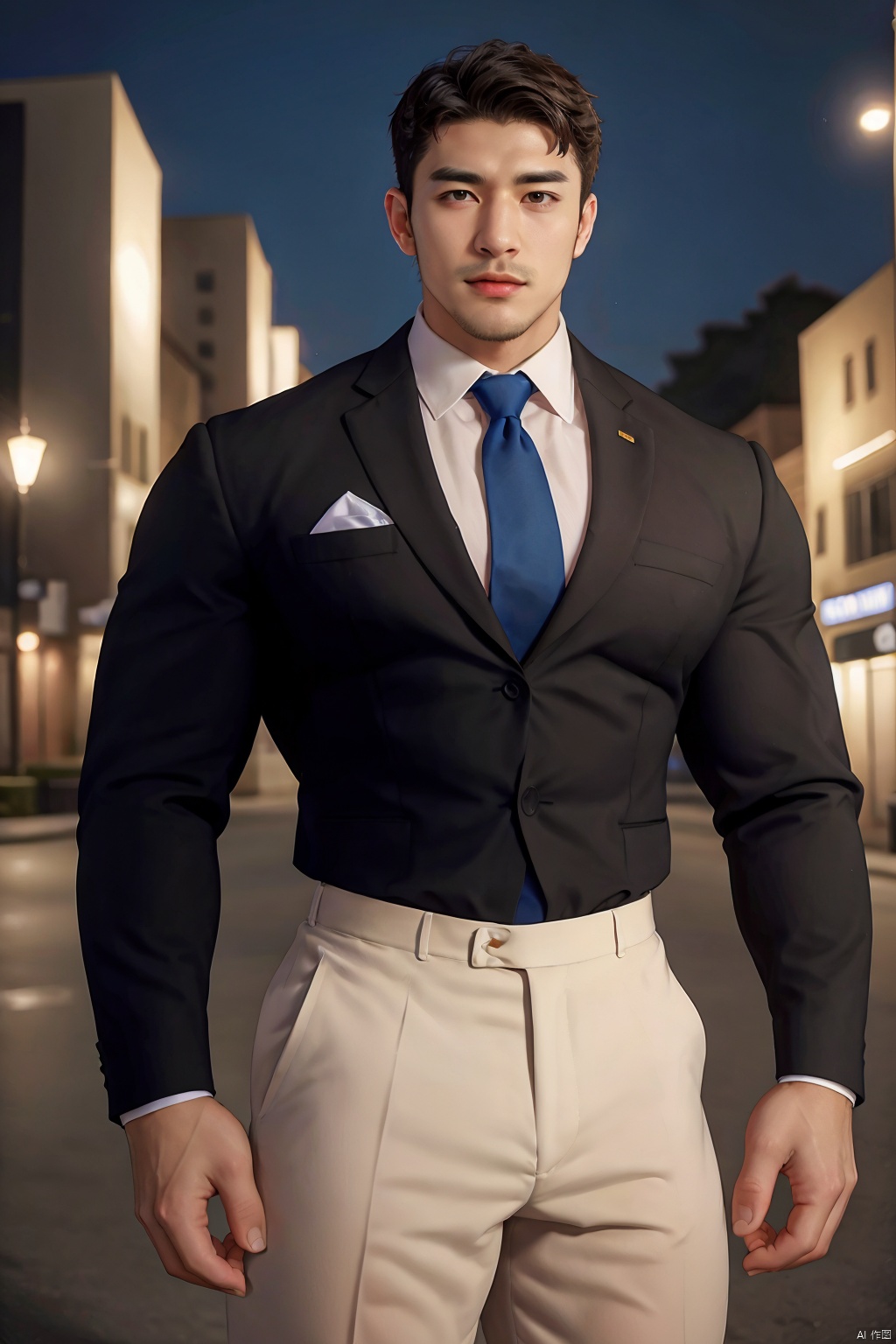  (absurdres, highres, ultra detailed, realistic, ), 1 male, solo, *****, mature, tall muscular guy, broad shoulders, handsome, very short hair, black hair, brown eyes, angular jaw, thick neck, thick eyebrows, night, dark, the night view of the city background, formal suit, necktie, upper body, Divine Titan, Fortnite