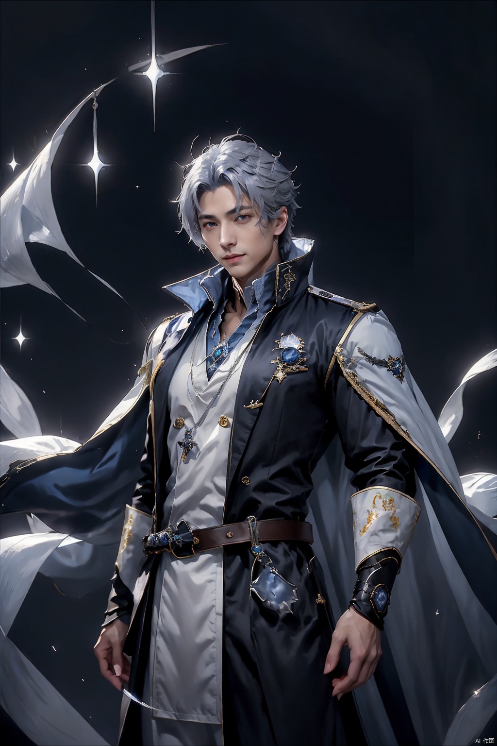  Game -Genshin Impact, character -Kaeya Alberich, dark-skinned, short indigo hair with a wisp of silver, long hair hanging down from the back left side of his head, and two bundles of silly hair of varying lengths on the top of his head. His gray-blue quadrangular star-shaped pupils made his eyes look deep, and he wore a pirate patch over his right eye and a blue teardrop-shaped pendant over his left ear. He wore a white shirt and blue coat that exposed his chest, and a blue-and-white cloak with a long collar and white hair at the collar. The Eye of God hung from a brown belt and wore black trousers and boots. Both hands wore conical bracelets and black fingerless gloves, kaeya (genshin impact), Arso