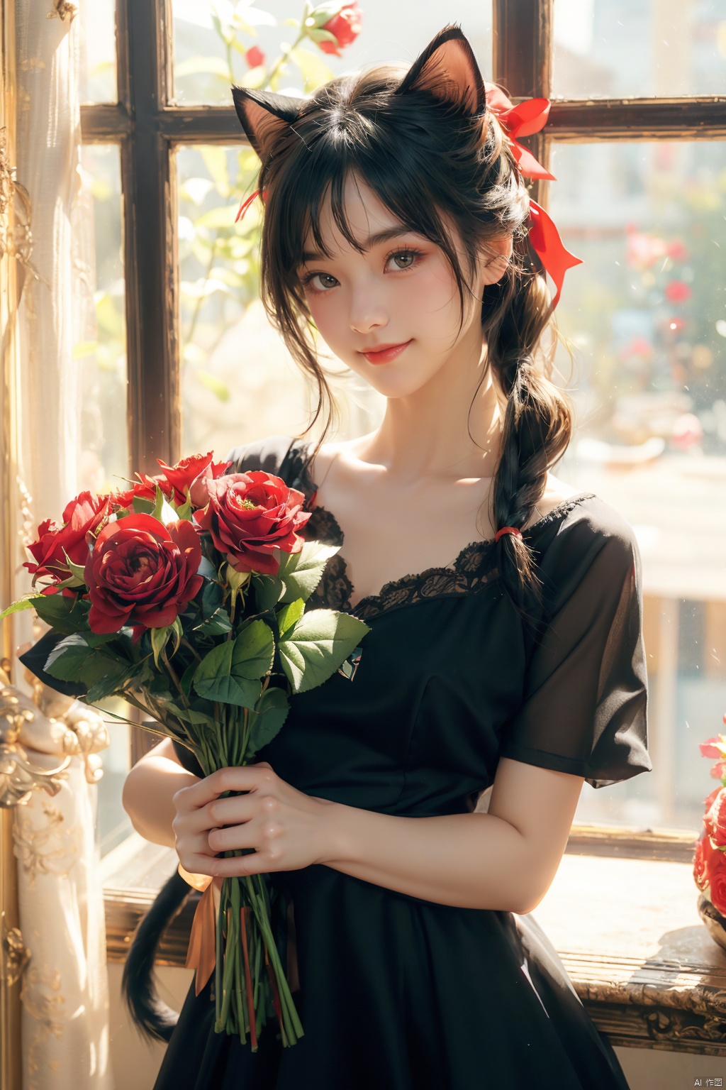 1girl, solo, long_hair, looking_at_viewer, smile, bangs, black_hair, dress, bow, ribbon, holding, animal_ears, brown_eyes, closed_mouth, standing, tail, flower, short_sleeves, hair_bow, frills, indoors, cat_ears, black_dress, cat_tail, animal_ear_fluff, head_tilt, grey_eyes, black_bow, rose, cat_girl, red_flower, red_rose, bouquet, holding_flower, tail_raised, holding_bouquet, black_flower, black_rose,