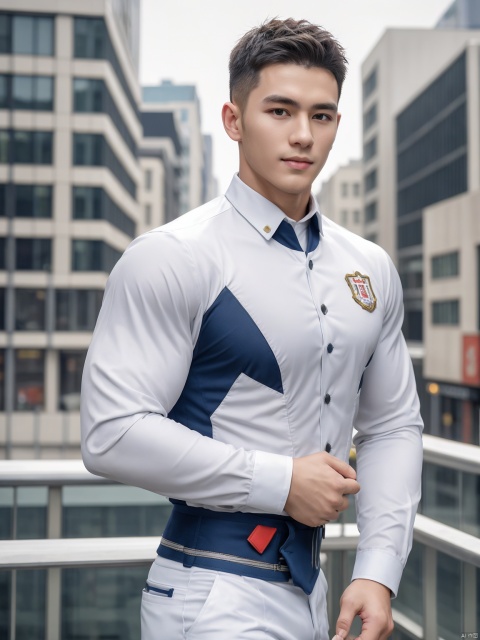  masterpiece,1 Man,Look at me,Handsome,Lovely,textured skin,super detail,best quality,adapted_uniform,Bustling city, 1 boy, a boy_gmlwman, Muscular Male