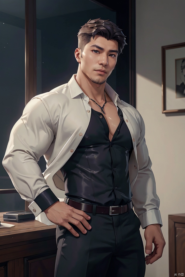  jzns,1man,male focus,asian,exquisite facial features,handsome,eye-catching,confident,open shirt,fashion forward,graceful yet melancholic posture,Volumetric lighting,full shot,Ultra High Resolution,profession,High-end fashion photoshoot,(masterpiece, realistic, best quality, highly detailed), Fortnite