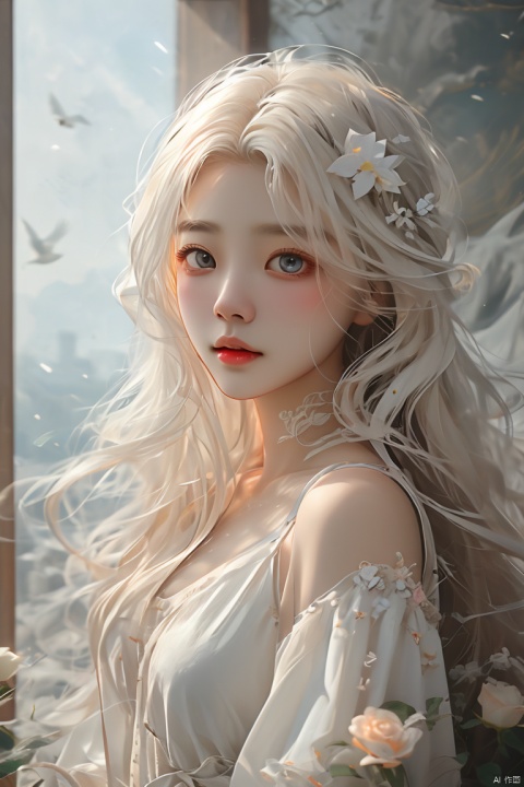  (masterpiece), (best quality), illustration, ultra detailed, hdr, Depth of field, (colorful),1girl, solo, blue eyes, gloves, flower, blonde hair, long hair, dress, parted lips, looking at viewer, white flower, white dress, breasts, white rose, bird, sleeveless, bangs, rose, official alternate costume, (\meng ze\), (\ji jian\), mjuanlian