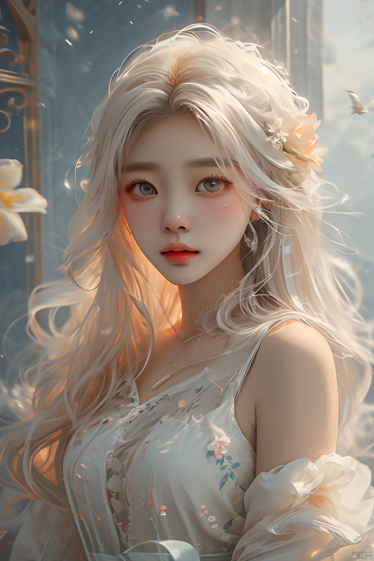  (masterpiece), (best quality), illustration, ultra detailed, hdr, Depth of field, (colorful),1girl, solo, blue eyes, gloves, flower, blonde hair, long hair, dress, parted lips, looking at viewer, white flower, white dress, breasts, white rose, bird, sleeveless, bangs, rose, official alternate costume, (\meng ze\), (\ji jian\), mjuanlian