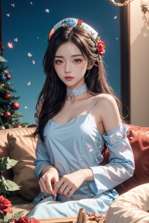  1girl, solo, red flower, flower, blue eyes, long hair, holding flower, holding, rose, dress, petals, hair ornament, red rose, lying, long sleeves, white hair, on back, white dress, looking at viewer, choker, parted lips, bare shoulders, blush, bangs, off shoulder, black choker, hair flower, off-shoulder dress, very long hair, collarbone, puffy long sleeves, puffy sleeves, rose petals, hair between eyes,eyesseye, dofas, crystal, yunbin, qianjin, christmas, Trainee Nurse, Nebula