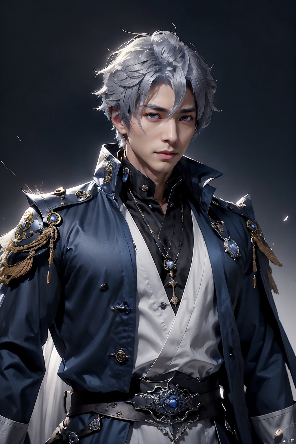  Game -Genshin Impact, character -Kaeya Alberich, dark-skinned, short indigo hair with a wisp of silver, long hair hanging down from the back left side of his head, and two bundles of silly hair of varying lengths on the top of his head. His gray-blue quadrangular star-shaped pupils made his eyes look deep, and he wore a pirate patch over his right eye and a blue teardrop-shaped pendant over his left ear. He wore a white shirt and blue coat that exposed his chest, and a blue-and-white cloak with a long collar and white hair at the collar. The Eye of God hung from a brown belt and wore black trousers and boots. Both hands wore conical bracelets and black fingerless gloves, kaeya (genshin impact), Arso