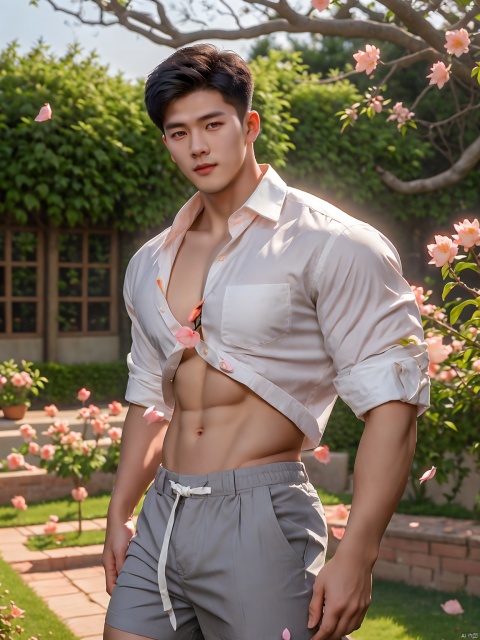  masterpiece,1 boy,Young,Handsome,Look at me,Short hair,Tea hair,Students,White shirt,Striped tie,Gray shorts,Stand,Outdoor,Garden,Peach tree,Flying petals,Light and shadow,HDR,textured skin,super detail,best quality, asuo, Asuo, fu, Pink Mecha, sufei