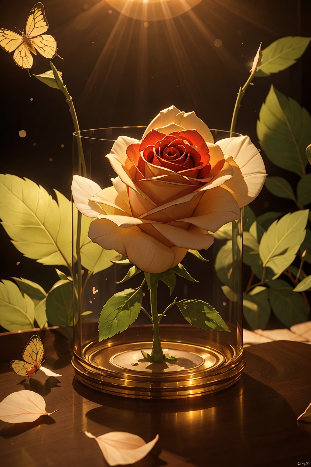  a beautiful transparent glass red rose with a exquisite fragile iridescent glass leafs, surrounded with [white:2] butterflies, intricate details, masterpiece, award winning, rich, breathtaking, golden hour light, bokeh, atmospheric, ((close up))