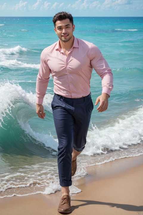  realistic, masterpiece, best quality, highres, ultra-detailed, hdr, 8k uhd, dslr, raw photo, high detailed skin,
1man,facial hair,full body,looking at viewer,smile,pink striped shirt,collared shirt,long sleeves,khaki brown pants,shirt tucked in, leather shoes,running, sea, ocean, waves, Sunlight