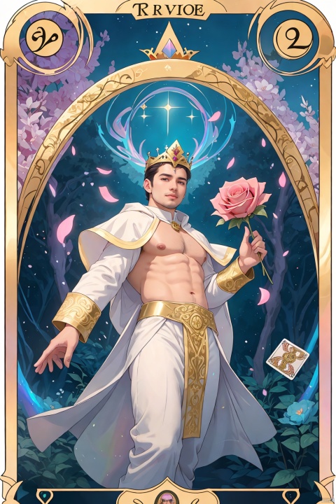  masterpiece, 1 Man, (Asian male:0.6), Stubble, Professional photo of a 26-year-old man, Wear a crown, Pope., Extravagant magical white robes, White ribbon, (iridescent gold:1.2), (magic swirls:1.2), Body hair, Abdominal hair, fractal pattern, Kaleidoscope, Huge flowers, Combat posture, (Tarot card:1.3), Gorgeous textures, Light blue sky, A lot of particle special effects., Garden, Pink fluorescent roses, textured skin, super detail, best quality