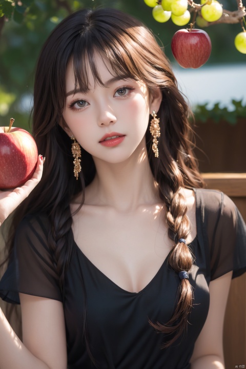 1girl, solo, long_hair, breasts, looking_at_viewer, blush, bangs, brown_hair, hair_ornament, red_eyes, dress, hair_between_eyes, jewelry, medium_breasts, closed_mouth, braid, short_sleeves, earrings, lying, parted_lips, food, hand_up, on_back, nail_polish, black_dress, bracelet, see-through, fruit, apple, see-through_sleeves, grapes, orange_\(fruit\), red_apple