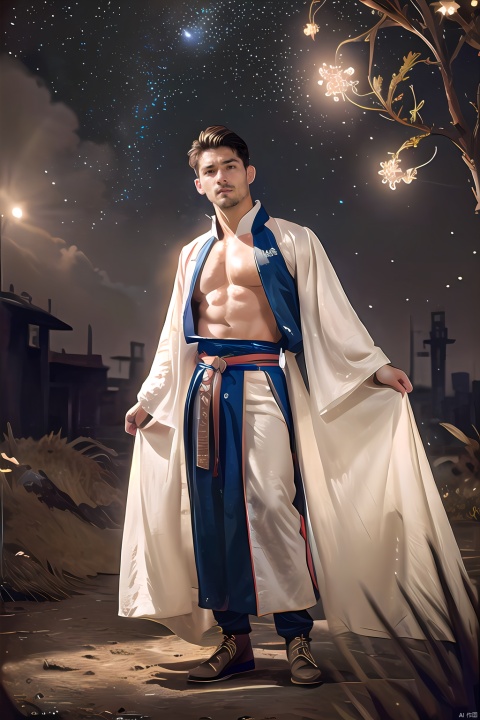  cinematic photo extremely detailed CG, 8k_wallpaper, masterpiece, watercolor_, medium, beautiful detailed starry sky, among stars, delicate lighting and shadows, His Imperial Highness the Prince, looking at viewer, full body, frills, far from viewer, extremely detailed face, A very handsome and cute boy, extremely detailed eyes, extremely detailed body, ultra detailed, bare stomach, Muscular development, sideboob, beautiful detailed dress, dramatic angle, big top sleeves, hanfu, flowers, illustration, Muscular development, Male focus, Stand, best quality . 35mm photograph, film, bokeh, professional, 4k, highly detailed