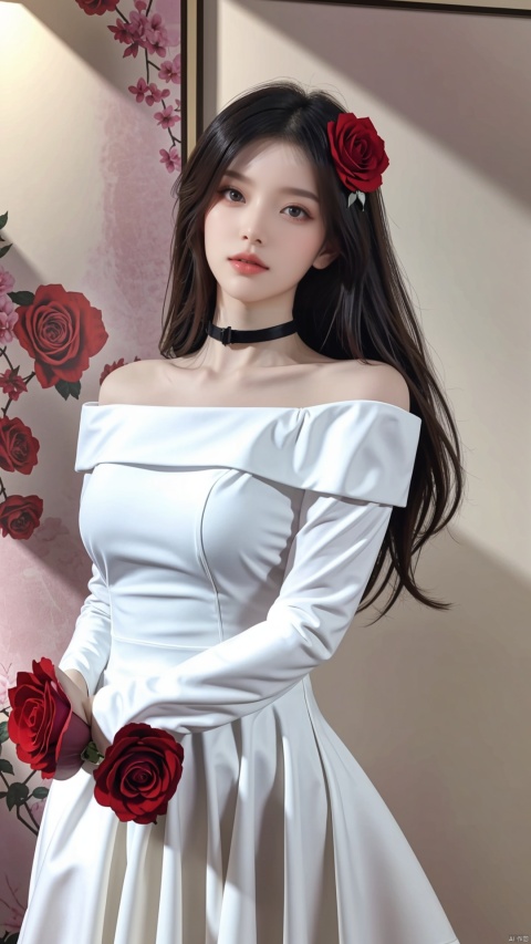  1girl, solo, red flower, flower, blue eyes, long hair, holding flower, holding, rose, dress, petals, hair ornament, red rose, lying, long sleeves, white hair, on back, white dress, looking at viewer, choker, parted lips, bare shoulders, blush, bangs, off shoulder, black choker, hair flower, off-shoulder dress, very long hair, collarbone, puffy long sleeves, puffy sleeves, rose petals, hair between eyes,eyesseye, dofas, crystal, yunbin,,<lora:660447313082219790:1.0>