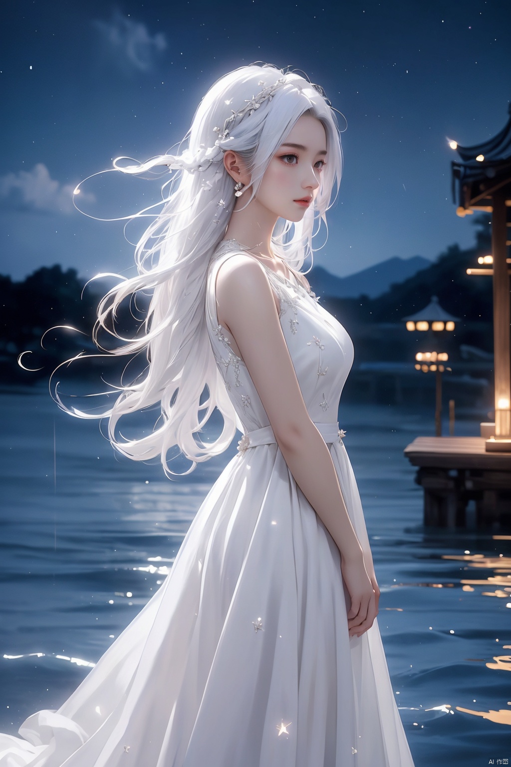  (masterpiece, top quality, best quality, official art, beautiful and aesthetic:1.2),gf-hd, 1girl, long hair, solo, water, night, dress, sky, white hair, hair ornament, night sky, wading, star \(sky\), white dress, from side, (\yan yu\),rainning