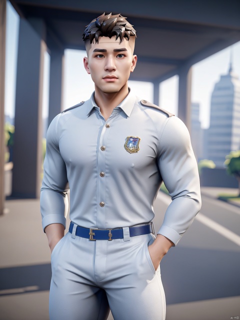  masterpiece,1 Man,Look at me,Handsome,Lovely,textured skin,super detail,best quality,adapted_uniform,Bustling city, 1 boy, a boy_gmlwman, Muscular Male, Arso, fu, asuo, (\a suo\), Fortnite