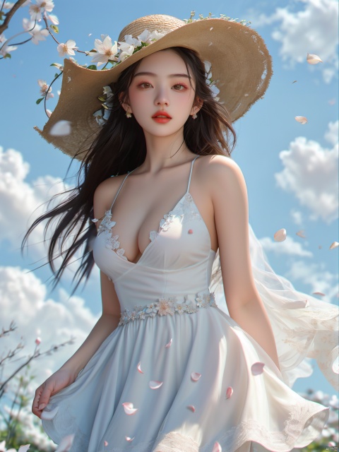 masterpiece, 1 girl, 18 years old, Look at me, long_hair, straw_hat, Wreath, petals, Big breasts, Light blue sky, Clouds, hat_flower, jewelry, Stand, outdoors, Garden, falling_petals, White dress, textured skin, super detail, best quality, Trainee Nurse