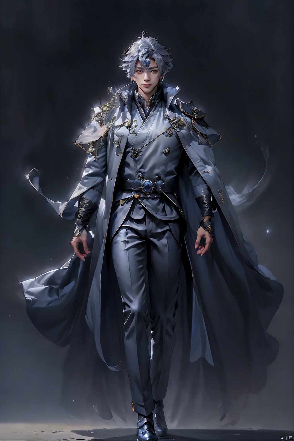  Game -Genshin Impact, character -Kaeya Alberich, dark-skinned, short indigo hair with a wisp of silver, long hair hanging down from the back left side of his head, and two bundles of silly hair of varying lengths on the top of his head. His gray-blue quadrangular star-shaped pupils made his eyes look deep, and he wore a pirate patch over his right eye and a blue teardrop-shaped pendant over his left ear. He wore a white shirt and blue coat that exposed his chest, and a blue-and-white cloak with a long collar and white hair at the collar. The Eye of God hung from a brown belt and wore black trousers and boots. Both hands wore conical bracelets and black fingerless gloves, kaeya (genshin impact), Arso