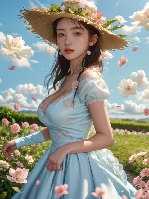  masterpiece, 1 girl, 18 years old, Look at me, long_hair, straw_hat, Wreath, petals, Big breasts, Light blue sky, Clouds, hat_flower, jewelry, Stand, outdoors, Garden, falling_petals, White dress, textured skin, super detail, best quality, Trainee Nurse, A Devout Believer