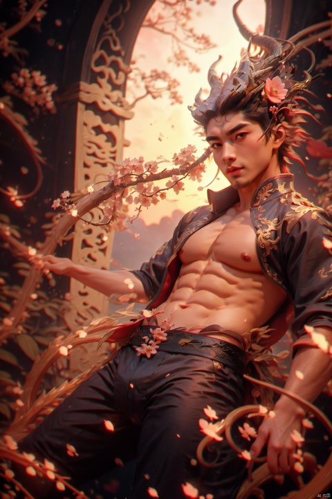 masterpiece, 1 boy, Handsome, Look at me, Short hair, Hanfu, Open your clothes., Expose your chest., A fantasy scene, Chinese architecture, Peach blossom, Sunset, Behind it is the Chinese dragon., Flying petals, textured skin, super detail, best quality