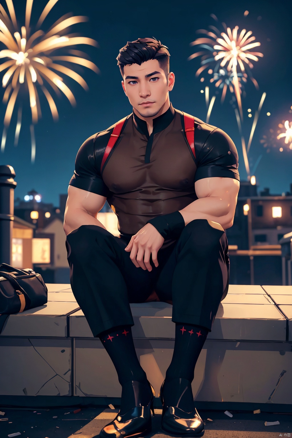  1man,fashion model,male focus,(masterpiece, realistic, best quality, highly detailed,profession),asian,exquisite facial features,handsome,deep eyes,large pectorales,sitting,black sheer socks,soft lighting,cinematic composition,outdoors,blurry,jzns, fireworks, Fortnite
