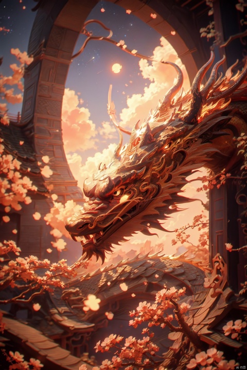 masterpiece, Golden Chinese dragon, Ryuu, Flying in the sky, Majestic, Fantasy style, Chinese architecture, Sunset, Cloud top, Prosperous, Stars, Peach blossom, textured skin, super detail, best quality