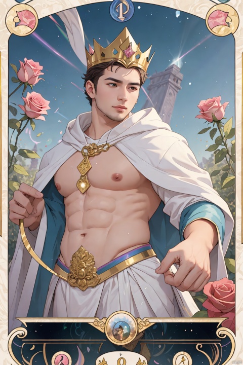  masterpiece, 1 Man, (Asian male:0.6), Stubble, Professional photo of a 26-year-old man, Wear a crown, Pope., Extravagant magical white robes, White ribbon, (iridescent gold:1.2), (magic swirls:1.2), Body hair, Abdominal hair, fractal pattern, Kaleidoscope, Huge flowers, Combat posture, (Tarot card:1.3), Gorgeous textures, Light blue sky, A lot of particle special effects., Garden, Pink fluorescent roses, textured skin, super detail, best quality