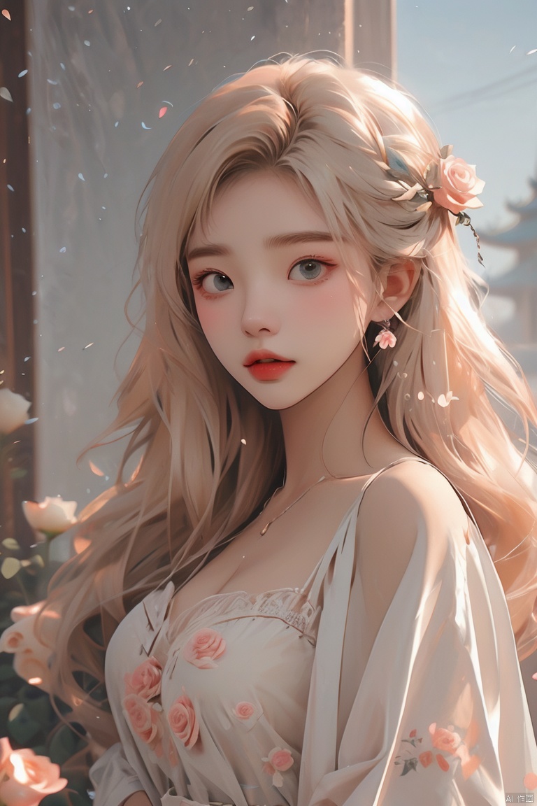  (masterpiece), (best quality), illustration, ultra detailed, hdr, Depth of field, (colorful),1girl, solo, blue eyes, gloves, flower, blonde hair, long hair, dress, parted lips, looking at viewer, white flower, white dress, breasts, white rose, bird, sleeveless, bangs, rose, official alternate costume, (\meng ze\), (\ji jian\)