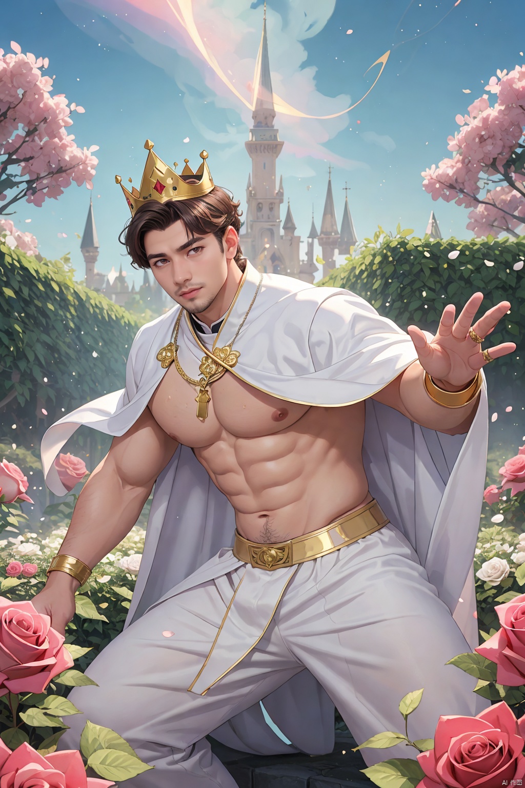  masterpiece,1 Man,(Asian male:0.6),Stubble,Professional photo of a 26-year-old man,Wear a crown,Pope.,Extravagant magical white robes,White ribbon,(iridescent gold:1.2),(magic swirls:1.2),Body hair,Abdominal hair,fractal pattern,Kaleidoscope,Huge flowers,(Combat posture:1.3),Gorgeous textures,Light blue sky,A lot of particle special effects.,Garden,Pink fluorescent roses,textured skin,super detail,best quality,