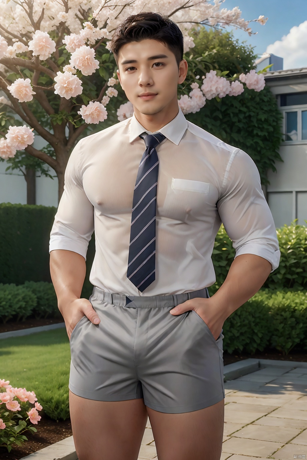  masterpiece,1 boy,Young,Handsome,Look at me,Short hair,Tea hair,Students,White shirt,Striped tie,Gray shorts,Stand,Outdoor,Garden,Peach tree,Flying petals,Light and shadow,HDR,textured skin,super detail,best quality, CodeMan001, SaSangAAA