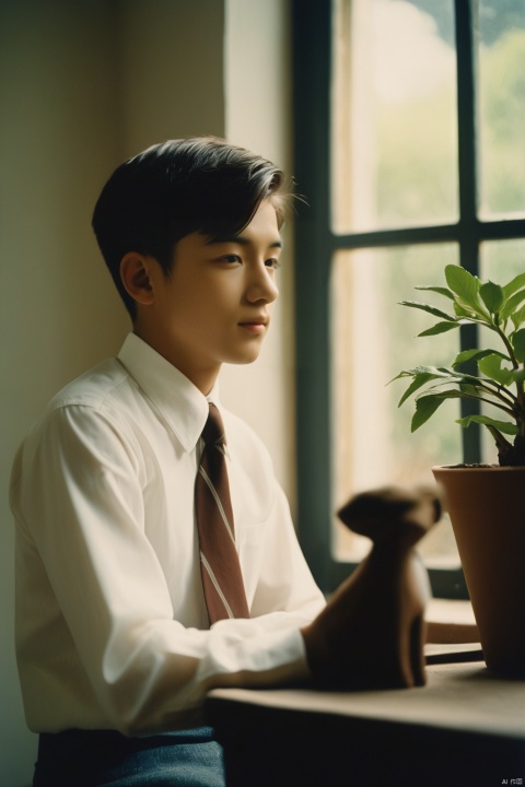 analog film photo masterpiece, Handsome boy, 2 Boys, 18 years old, Lovely, Short hair, White shirt, Tie, Portrait, Living room, Potted plant, Light and shadow, The sunshine outside the window, Students, textured skin, super detail, best quality  . faded film, desaturated, 35mm photo, grainy, vignette, vintage, Kodachrome, Lomography, stained, highly detailed, found footage