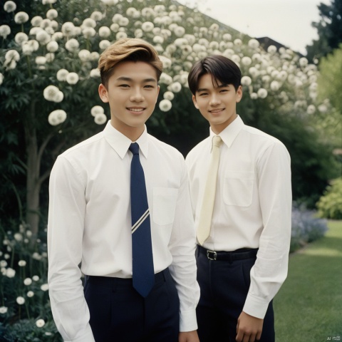 analog film photo masterpiece, Handsome boy, 2 Boys, Chase, 18 years old, Lovely, Short hair, White shirt, Tie, Portrait, Garden, Flowers, Light and shadow, Students, Asian, Smile, Flying dandelions, textured skin, super detail, best quality ., faded film, desaturated, 35mm photo, grainy, vignette, vintage, Kodachrome, Lomography, stained, highly detailed, found footage