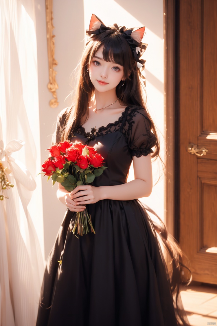 1girl,solo,long_hair,looking_at_viewer,smile,bangs,black_hair,dress,bow,ribbon,holding,animal_ears,brown_eyes,closed_mouth,standing,tail,flower,short_sleeves,hair_bow,frills,indoors,cat_ears,black_dress,cat_tail,animal_ear_fluff,head_tilt,grey_eyes,black_bow,rose,cat_girl,red_flower,red_rose,bouquet,holding_flower,tail_raised,holding_bouquet,black_flower,black_rose,