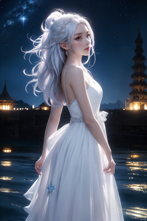  (masterpiece, top quality, best quality, official art, beautiful and aesthetic:1.2),gf-hd, 1girl, long hair, solo, water, night, dress, sky, white hair, hair ornament, night sky, wading, star \(sky\), white dress, from side, (\yan yu\),rainning