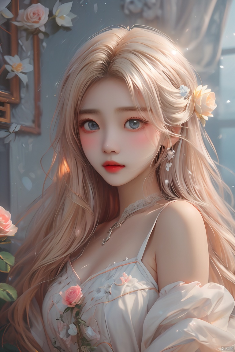  (masterpiece), (best quality), illustration, ultra detailed, hdr, Depth of field, (colorful),1girl, solo, blue eyes, gloves, flower, blonde hair, long hair, dress, parted lips, looking at viewer, white flower, white dress, breasts, white rose, bird, sleeveless, bangs, rose, official alternate costume, (\meng ze\), (\ji jian\), mjuanlian, jiqing