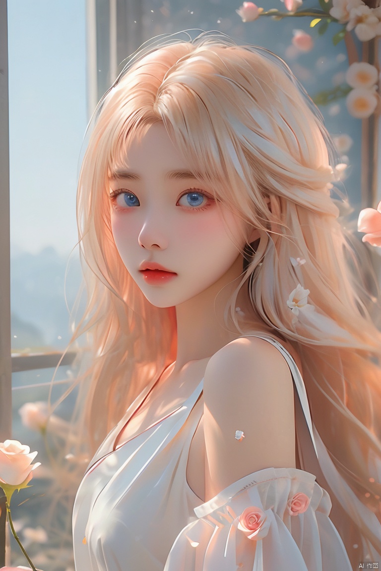  (masterpiece), (best quality), illustration, ultra detailed, hdr, Depth of field, (colorful),1girl, solo, blue eyes, gloves, flower, blonde hair, long hair, dress, parted lips, looking at viewer, white flower, white dress, breasts, white rose, bird, sleeveless, bangs, rose, official alternate costume, (\meng ze\)