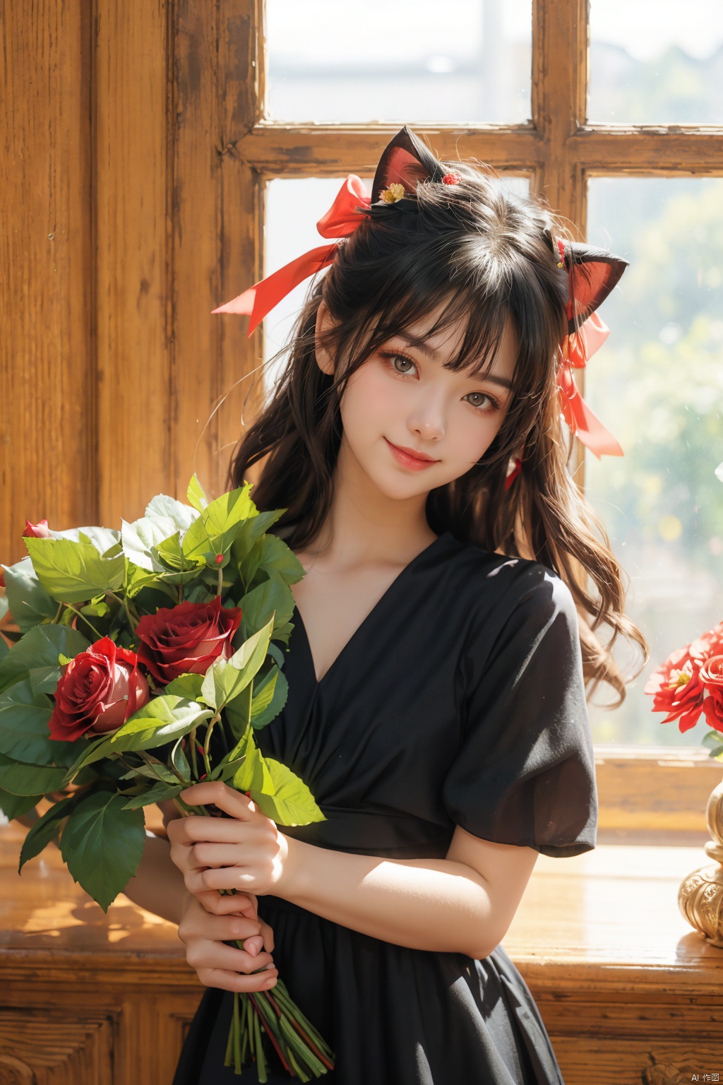 1girl, solo, long_hair, looking_at_viewer, smile, bangs, black_hair, dress, bow, ribbon, holding, animal_ears, brown_eyes, closed_mouth, standing, tail, flower, short_sleeves, hair_bow, frills, indoors, cat_ears, black_dress, cat_tail, animal_ear_fluff, head_tilt, grey_eyes, black_bow, rose, cat_girl, red_flower, red_rose, bouquet, holding_flower, tail_raised, holding_bouquet, black_flower, black_rose,