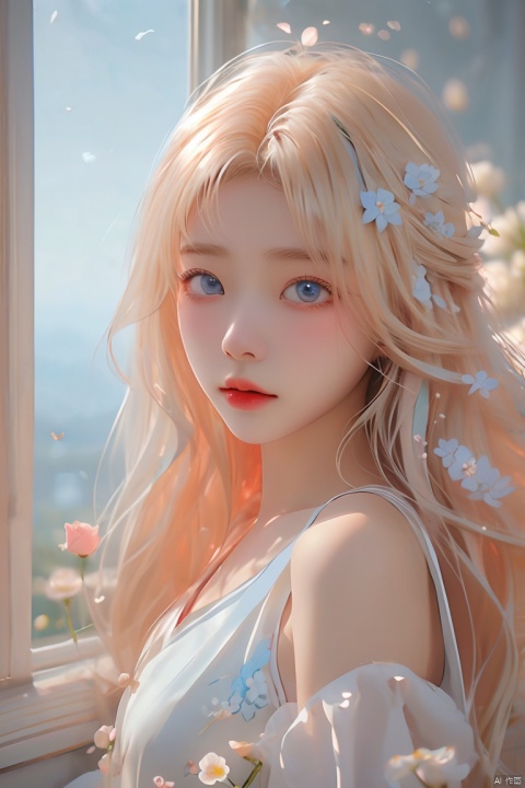  (masterpiece), (best quality), illustration, ultra detailed, hdr, Depth of field, (colorful),1girl, solo, blue eyes, gloves, flower, blonde hair, long hair, dress, parted lips, looking at viewer, white flower, white dress, breasts, white rose, bird, sleeveless, bangs, rose, official alternate costume, (\meng ze\)