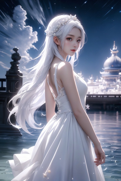  (masterpiece, top quality, best quality, official art, beautiful and aesthetic:1.2),gf-hd, 1girl, long hair, solo, water, night, dress, sky, white hair, hair ornament, night sky, wading, star \(sky\), white dress, from side, (\yan yu\),rainning