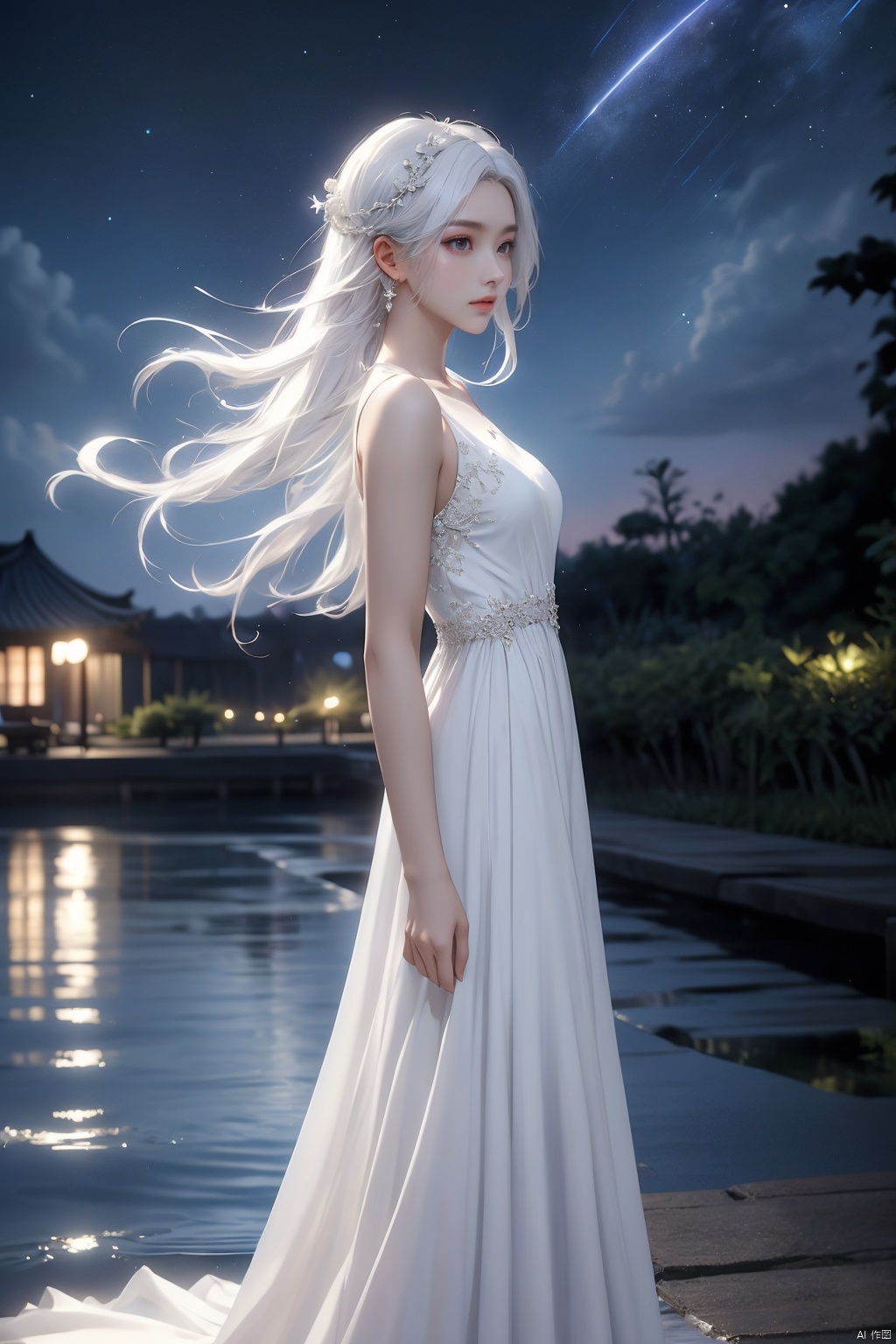  (masterpiece, top quality, best quality, official art, beautiful and aesthetic:1.2),gf-hd, 1girl, long hair, solo, water, night, dress, sky, white hair, hair ornament, night sky, wading, star \(sky\), white dress, from side, (\yan yu\),rainning